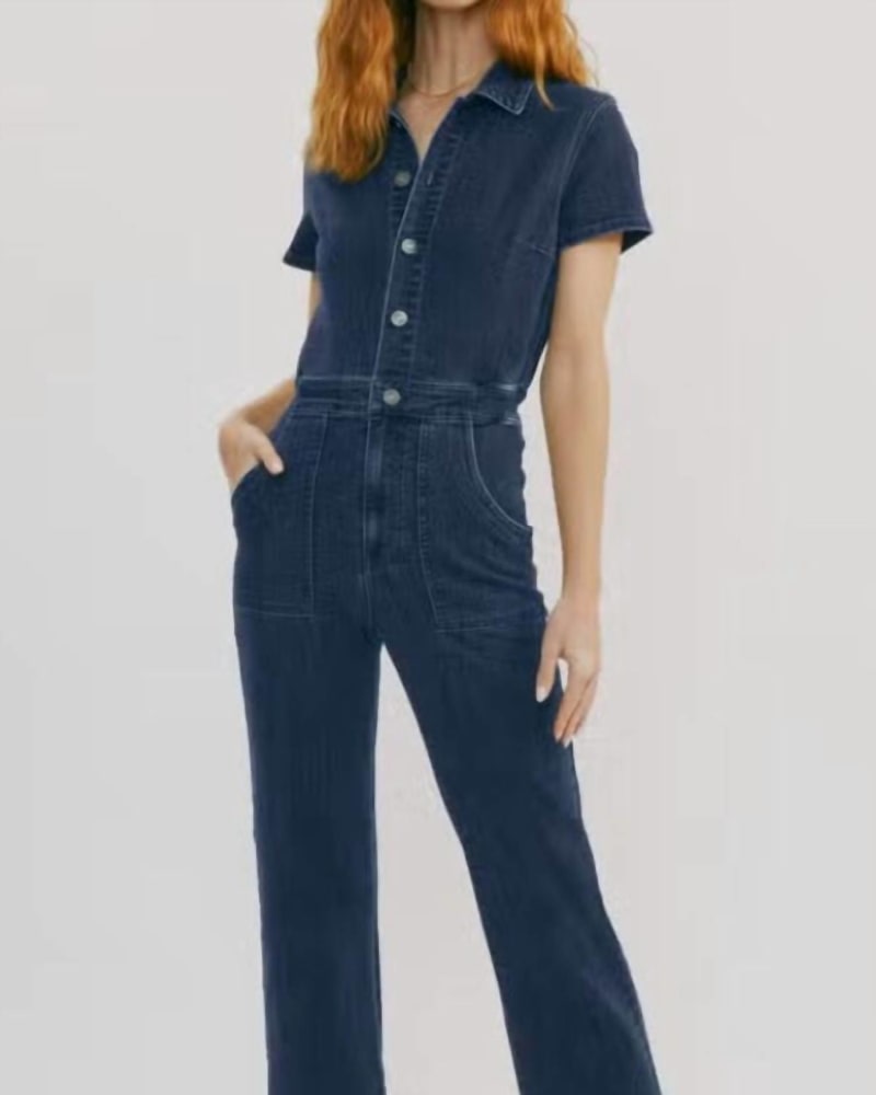 Front of a model wearing a size Large Straight Leg Jumpsuit in Blue in Blue by KanCan. | dia_product_style_image_id:326234